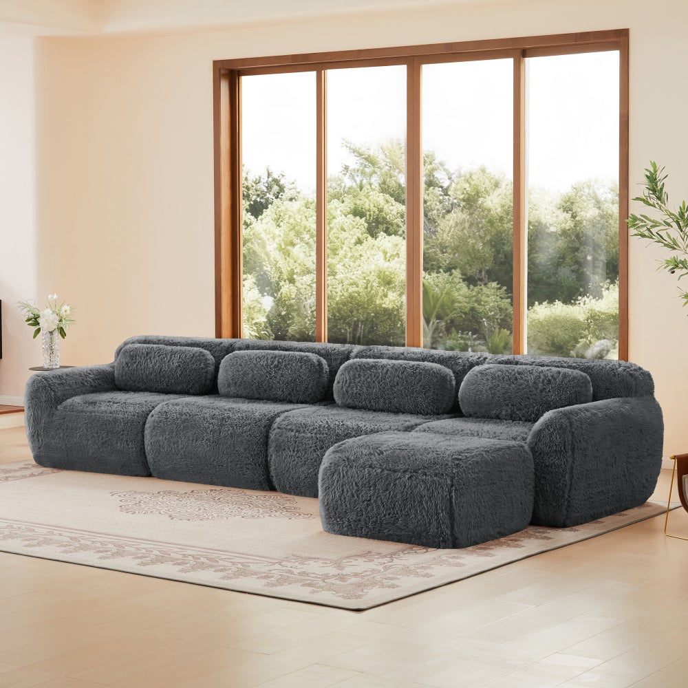 Sofa narożna, w kształcie litery L, 4-osobowa, modułowa, pluszowa, o konstrukcji leżanki, z poduszkami