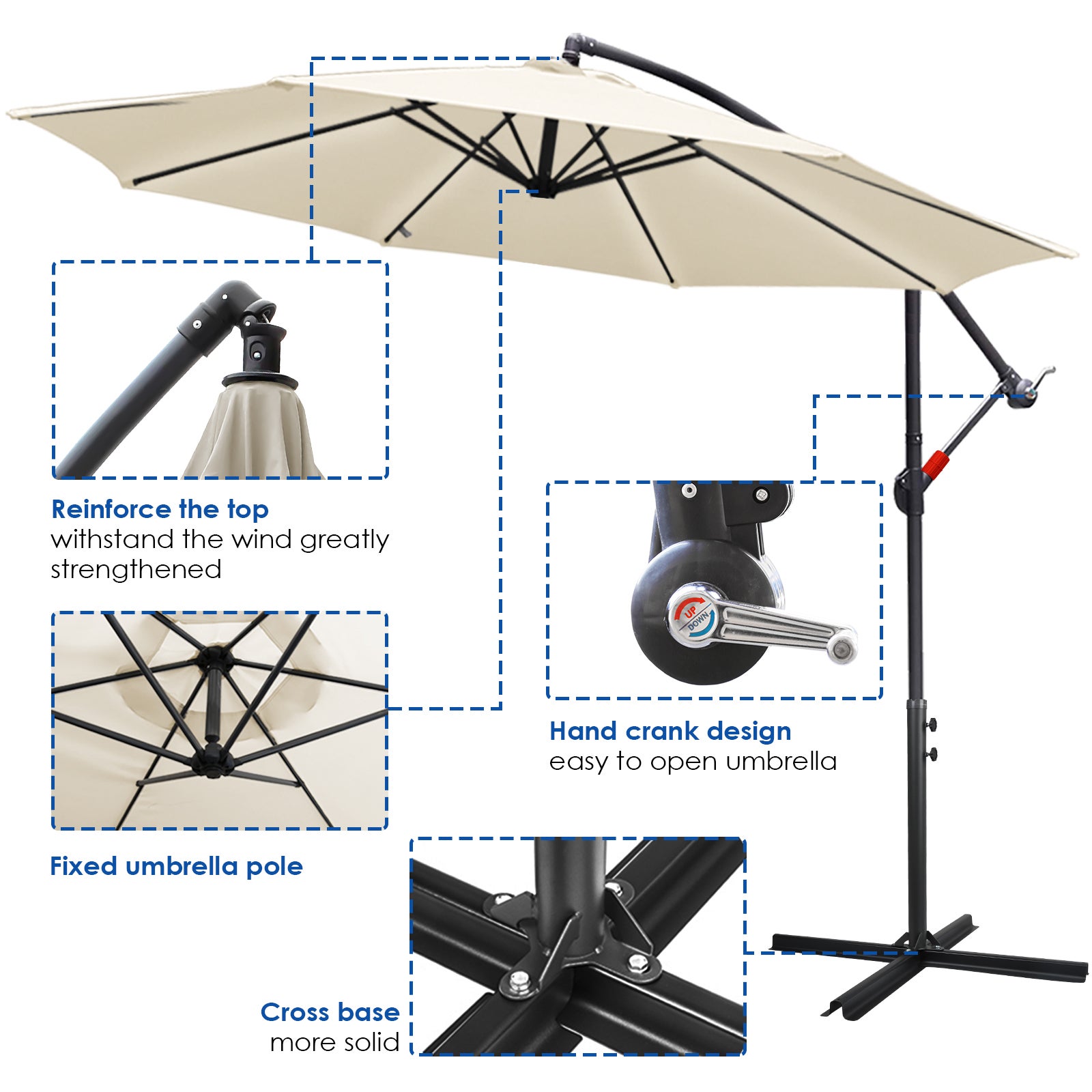 3m Parasol Parasol de jardin hydrofuge Parasol de terrasse UV30+ avec manivelle balcon Parasol de marché, Beige - 4