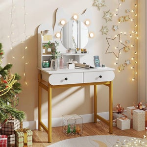 Toeletta con LED Specchio, Tavolo da Trucco con 4 Cassetti, Scomparti Aperti e Ripiani Regolabili, 3 Colori Luminosità Regolabile Postazione Make-up