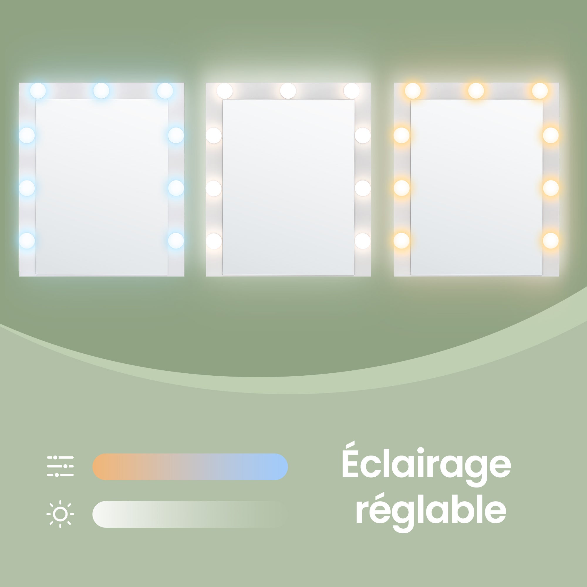 Table de Maquillage Modulable, en Ligne ou en L, Miroir LED 9 Ampoules, avec Multiprise, 8 Tiroirs, Blanc - 7
