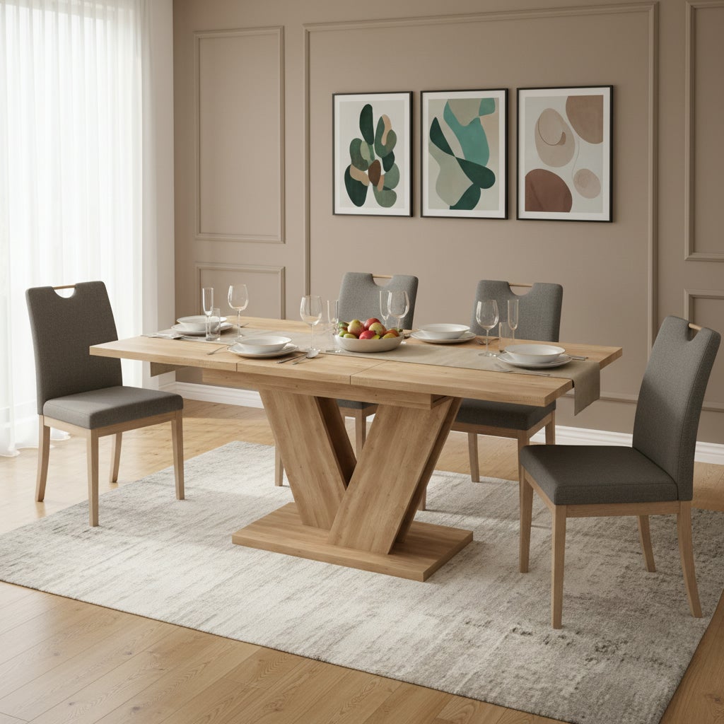 Table à manger extensible 140-180x80 cm pour 4-8 personnes -style minimaliste et Pieds Design en V - design fonctionnel pour salle à manger - Chêne - 8
