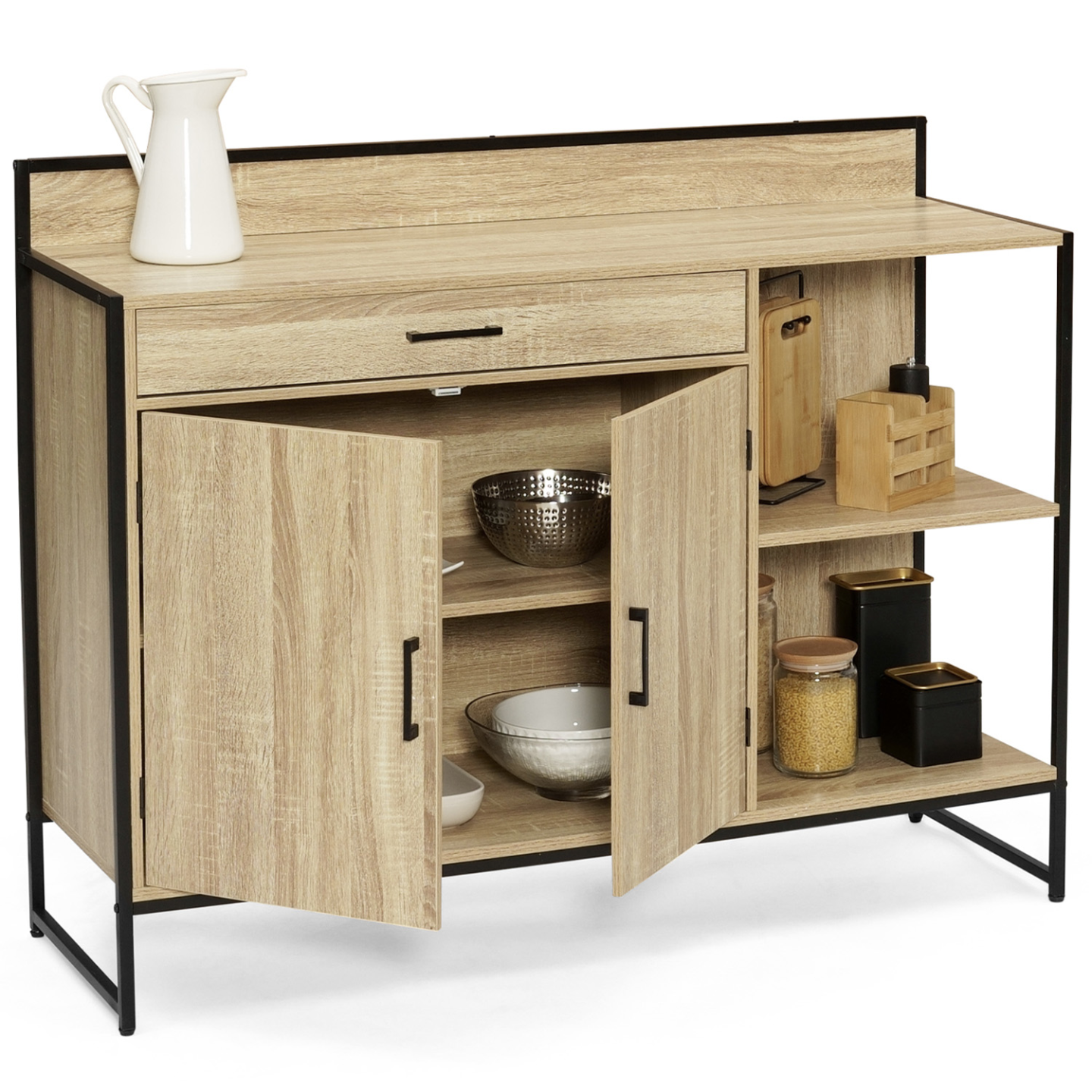 Buffet bas de cuisine 120 CM DETROIT plan de travail H.83 CM 2 portes + tiroir design industriel - 4