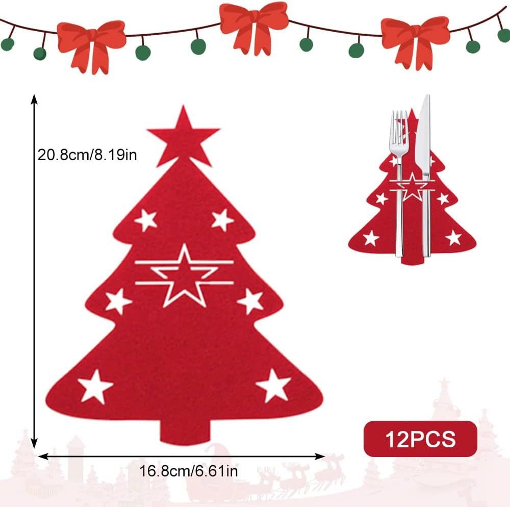 (Albero di Natale rosso A) Set di 12 portaposate natalizi, sacchetto per posate natalizio, utensili da cucina - sacchetto per posate, decorazione da t - 3