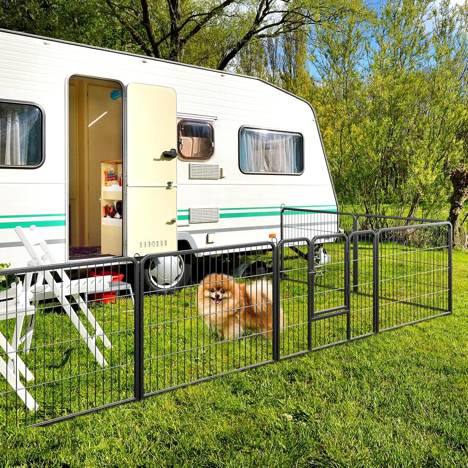 Pista para cães interior/exterior, 8 painéis, pista para cães dobrável portátil com porta, 8 estacas no chão, rotação de 360°, (79 × 60 cm) - 9
