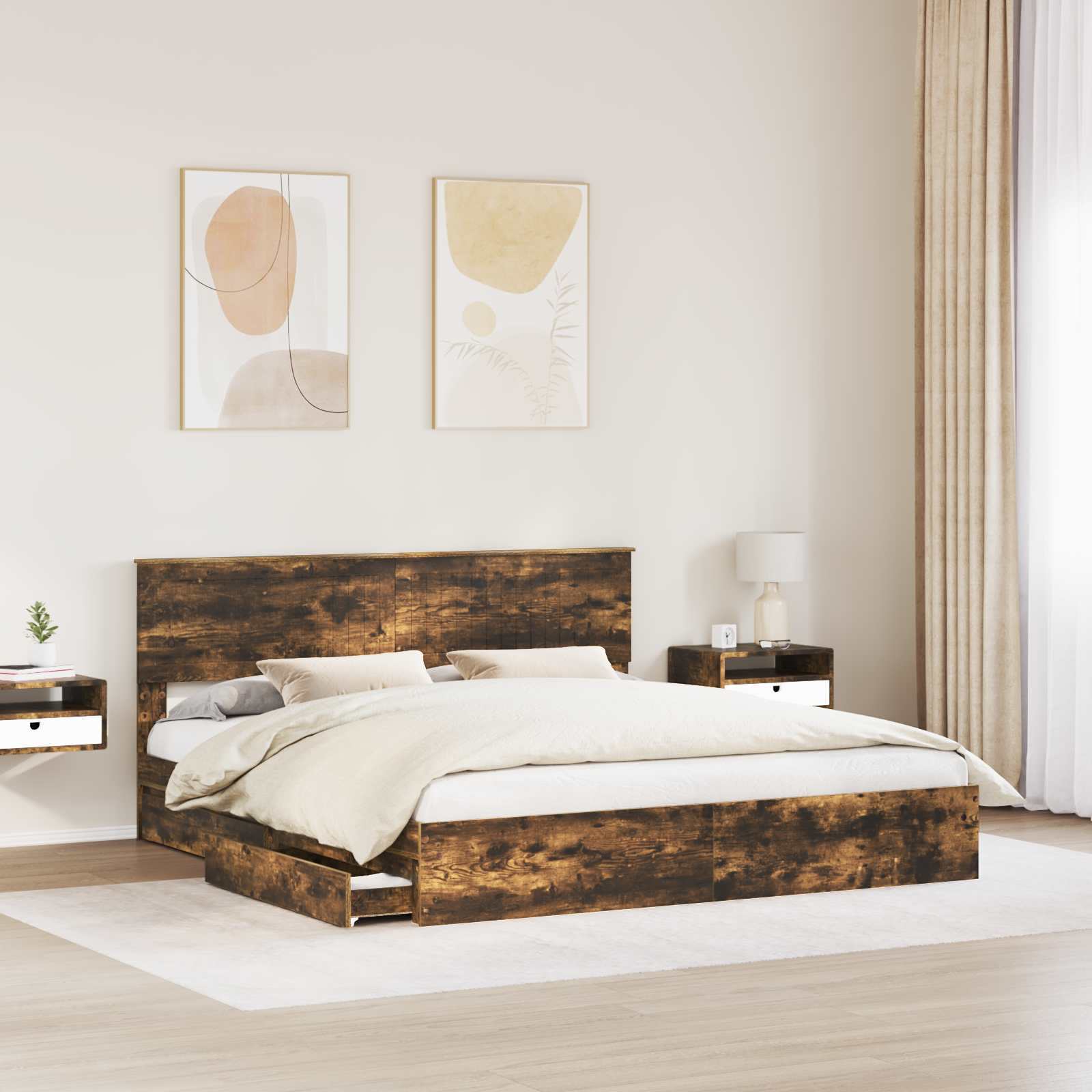 Lit avec rangement, panneau de bois, chêne fumé, pour la chambre, 180 × 200 cm - 3