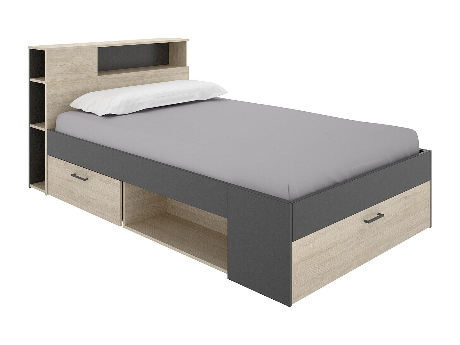 Lit avec tête de lit rangements et tiroirs - 120 x 190cm - Coloris : Naturel et anthracite - LEANDRE - 4