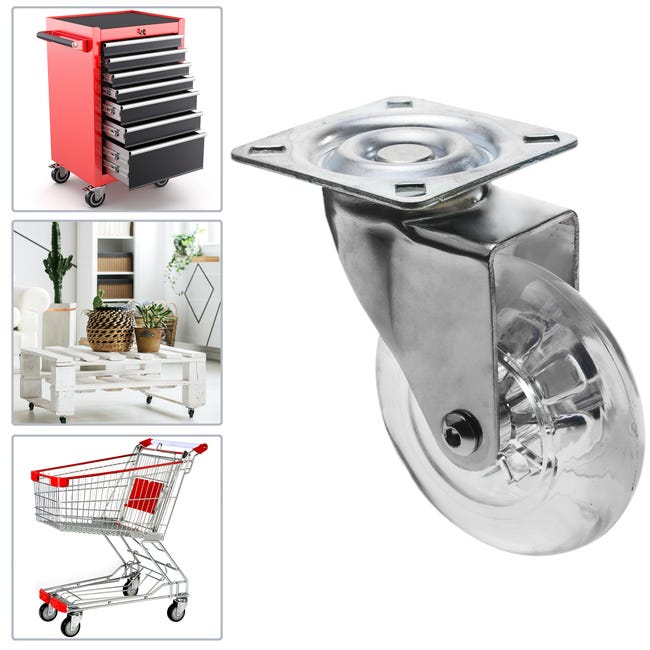 4 Ruote Piroettanti Trasparenti 75mm - Poliuretano, Portata 40kg, 2 Con Freni, Per Mobili - Foto 2