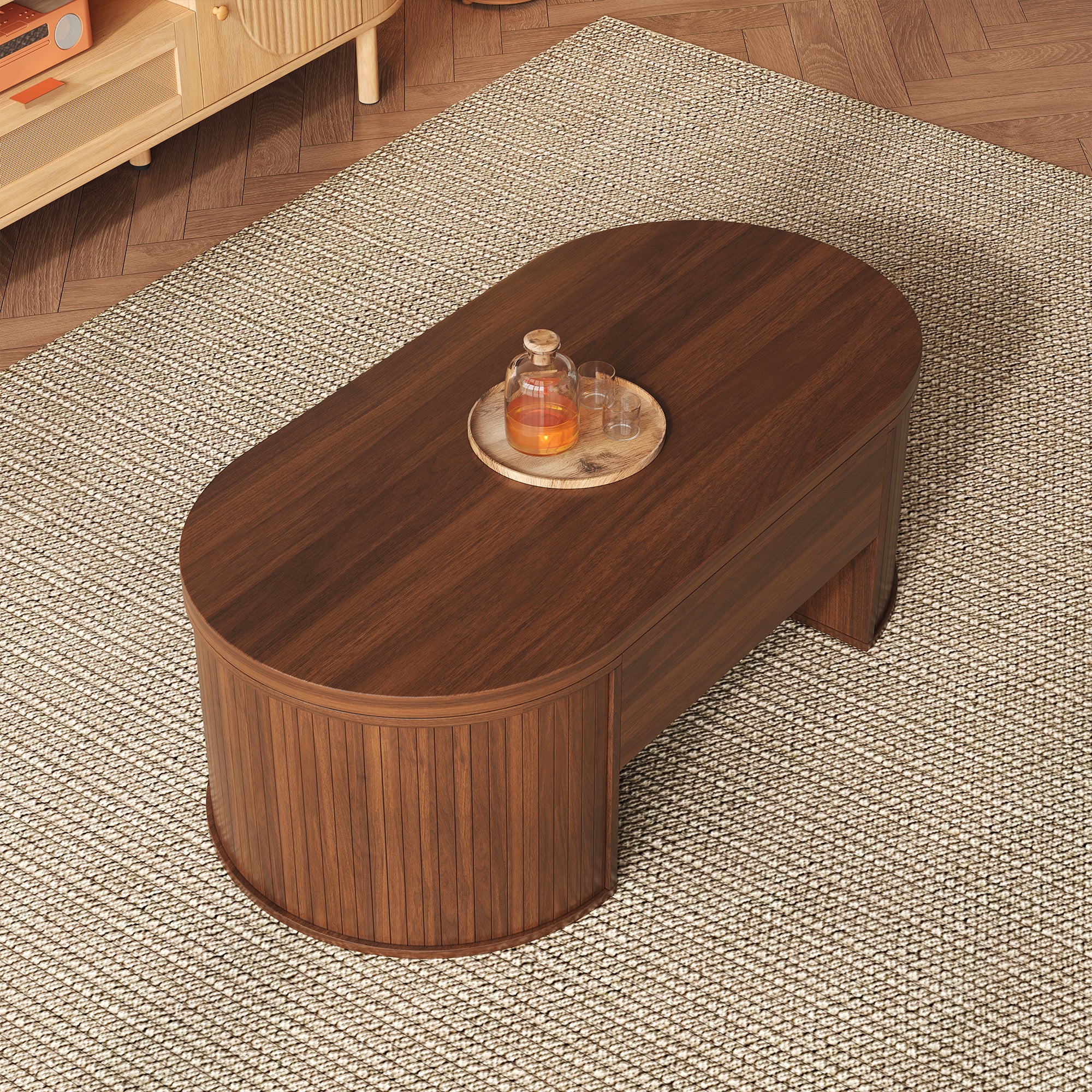 Tavolino da caffè sollevabile con 1 cassetto ovale - 110 x 55,5 x 55 cm - MDF - Per soggiorno - Marrone - 9