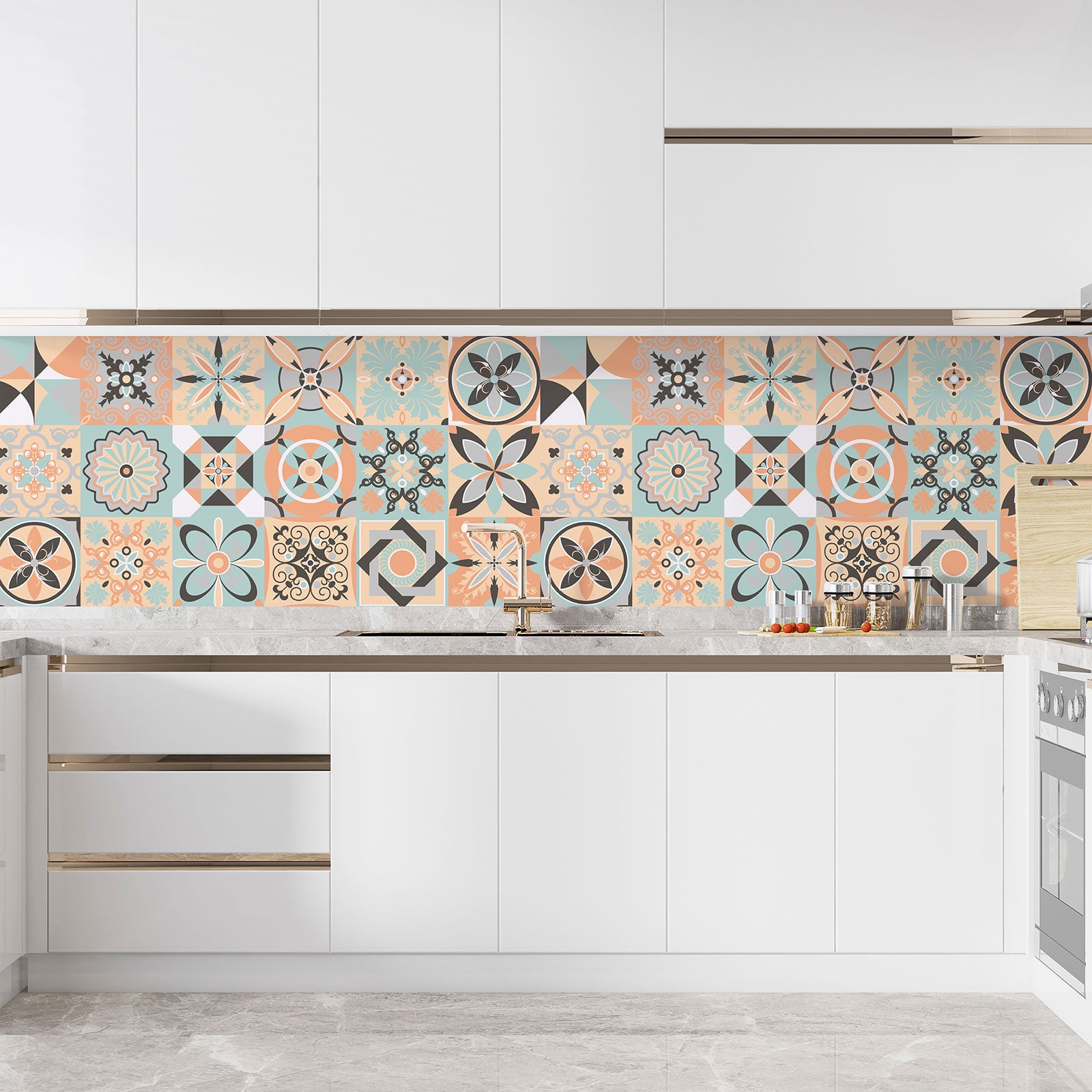 Crédence adhésive sticker décoratif pour cuisine - Effet carreaux de ciment - Adhésif MAT - 60x120 cm - 3