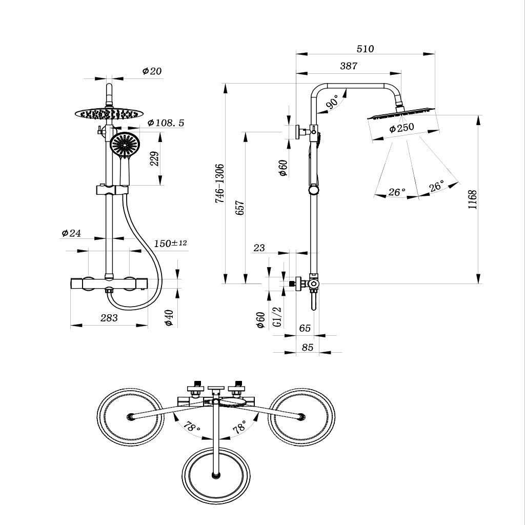 AICA Colonna doccia con miscelatore termostatico, rubinetto doccia cilindro 28x4cm, soffione doccia rotondo 25x25cm in acciaio inox cromato - 8