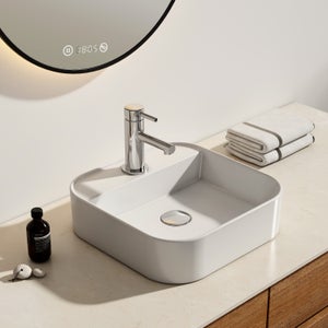 EMKE Vasque à Poser en céramique 40×40×11cm, Lavabo Carré avec robinet trou prépercé, Lavabo à poser blanc brillant