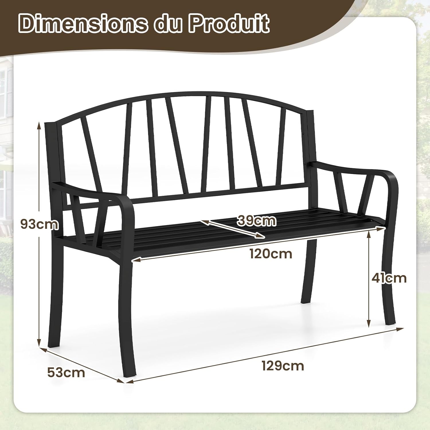 Banc de Jardin Extérieur 2-3 Places Charge 300KG avec Cadre en Métal Antirouille 129x53x93cm Noir - 2