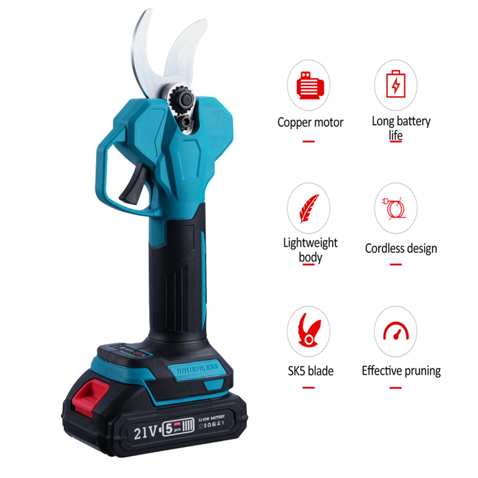 Sécateur portable au lithium-ion 21 V, diamètre de coupe maximal des branches de 30 mm, emballé dans une boîte en plastique bleue. - 8
