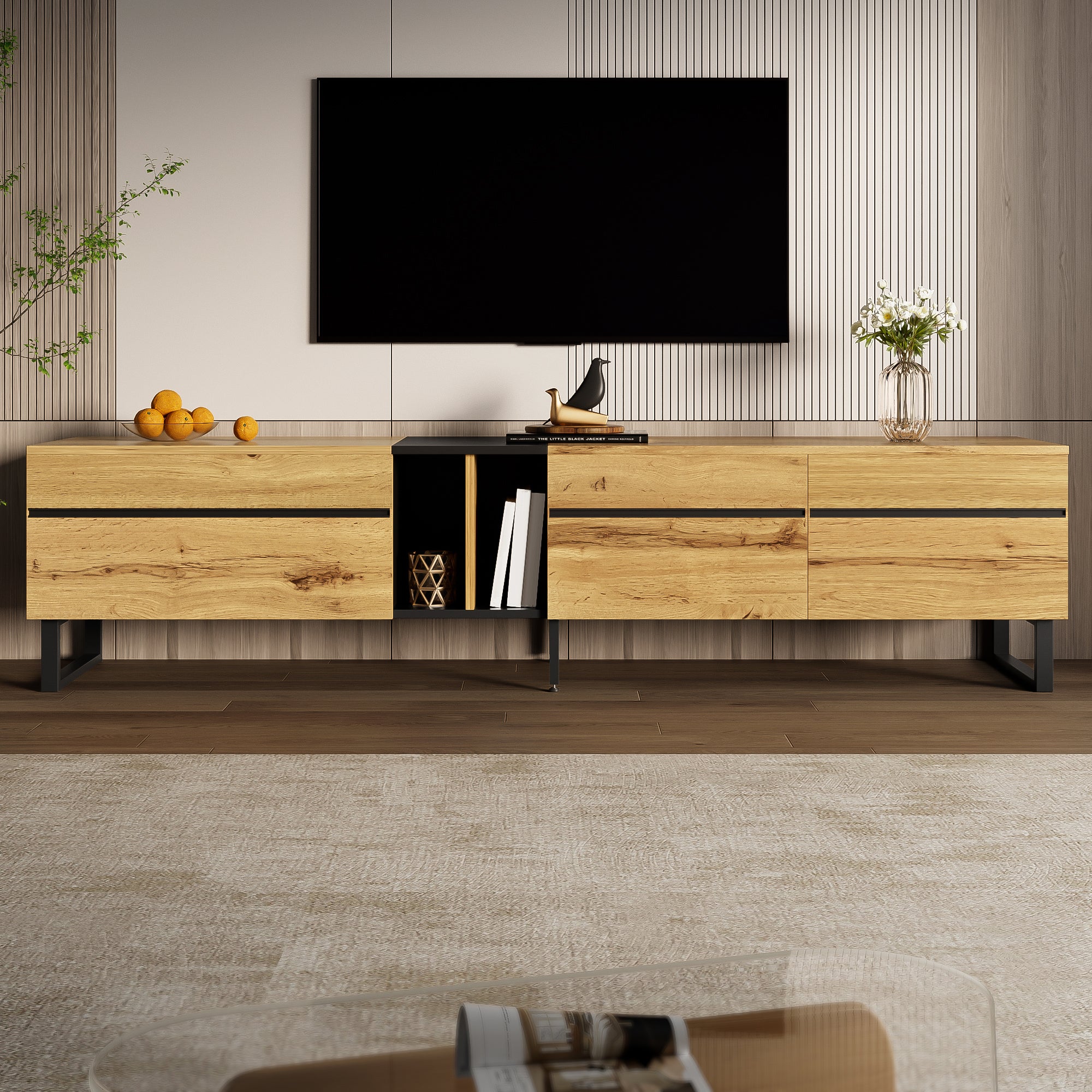 Stolik pod TV z 3 drzwiami i 2 półkami - 180 x 38 x 45 cm - Płyta wiórowa - Kolor drewna - 8