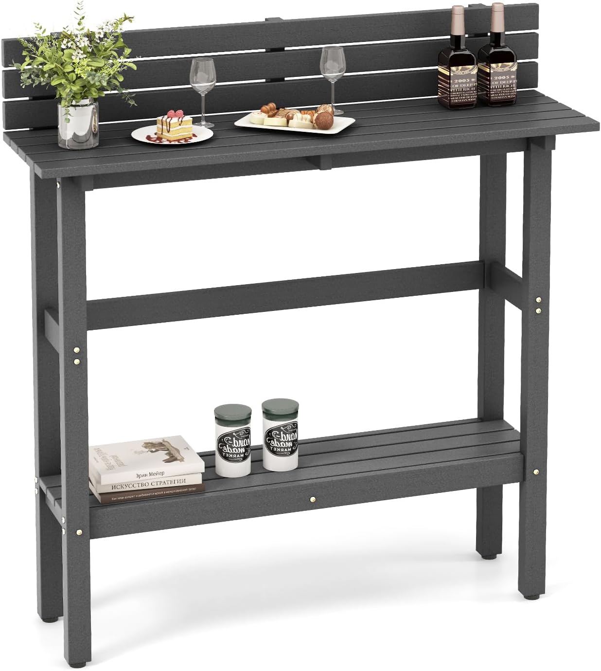 Stół barowy do użytku na zewnątrz, stolik stojący z półką i regulowanymi podkładkami pod nogi, odporny na warunki atmosferyczne stół barowy z HDPE