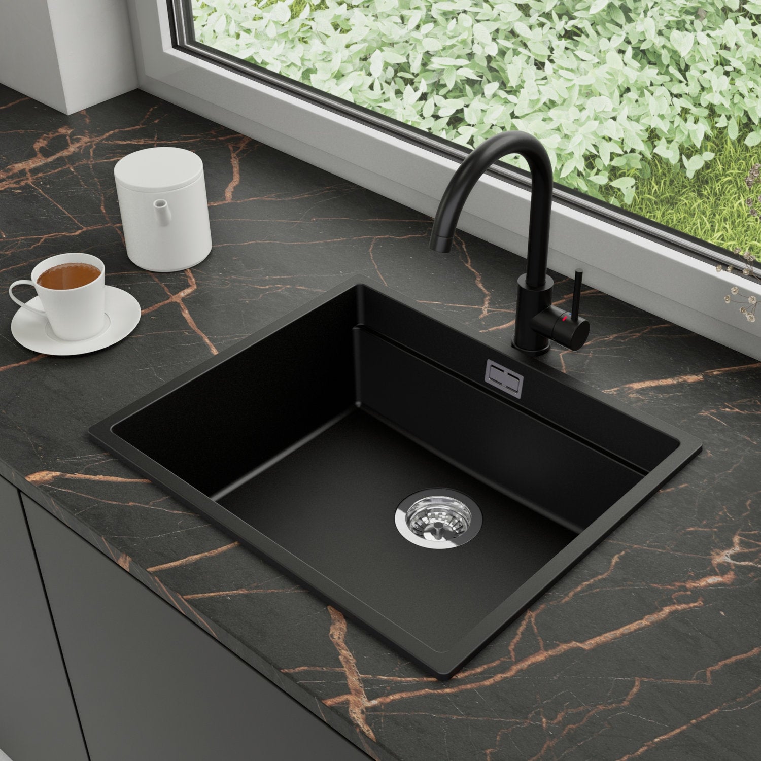 Zlewozmywak Granitowy 56x47cm, do szafki od 60cm + Bateria + Syfon - Coral Czarny STONESTYLE