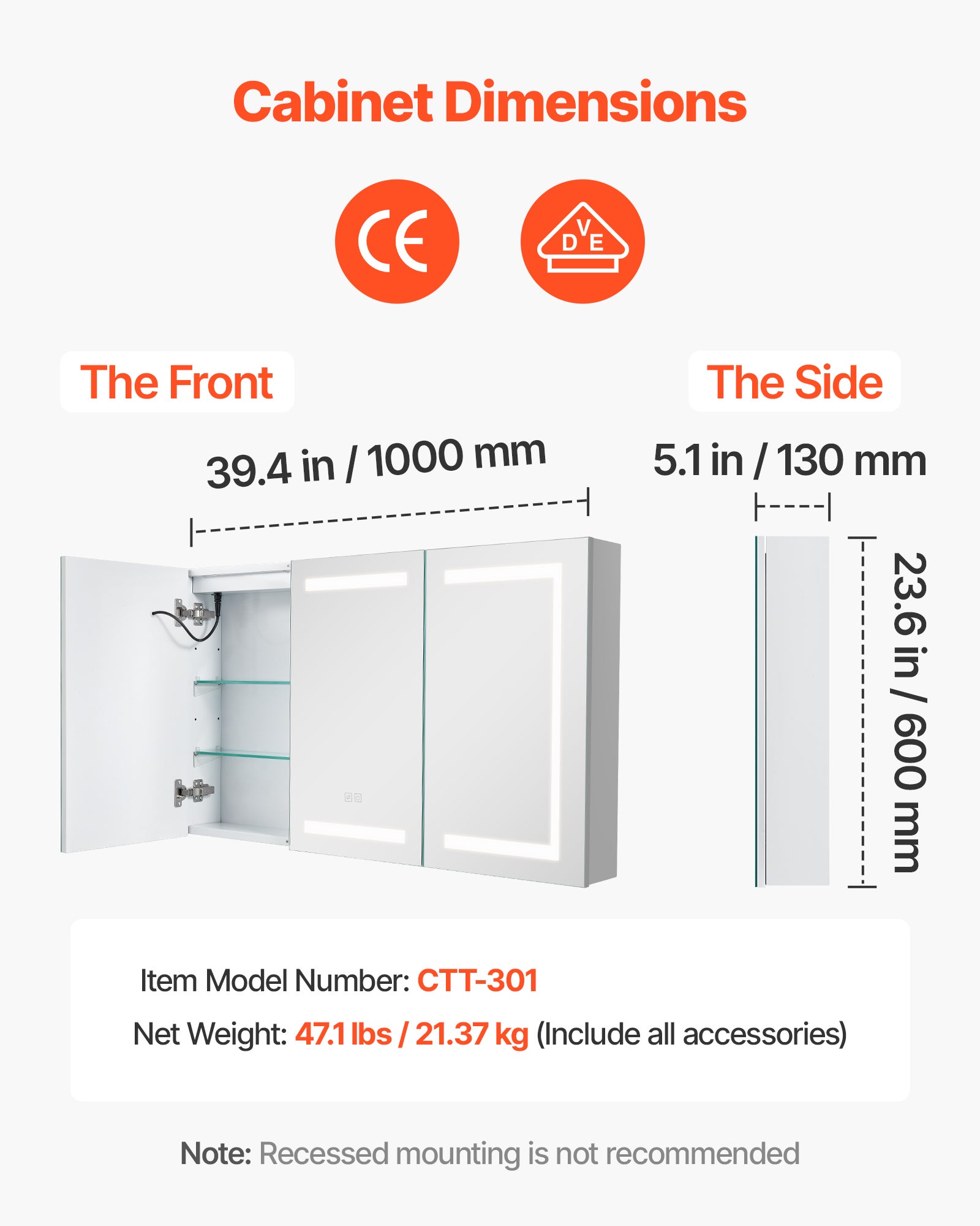 Home Discount Bath Vida Tiano – Armoire Murale Salle De Bain 3 Portes Miroir, Acier Inox & Verre, 68x45x13 Cm, Rangement & Élégance Moderne