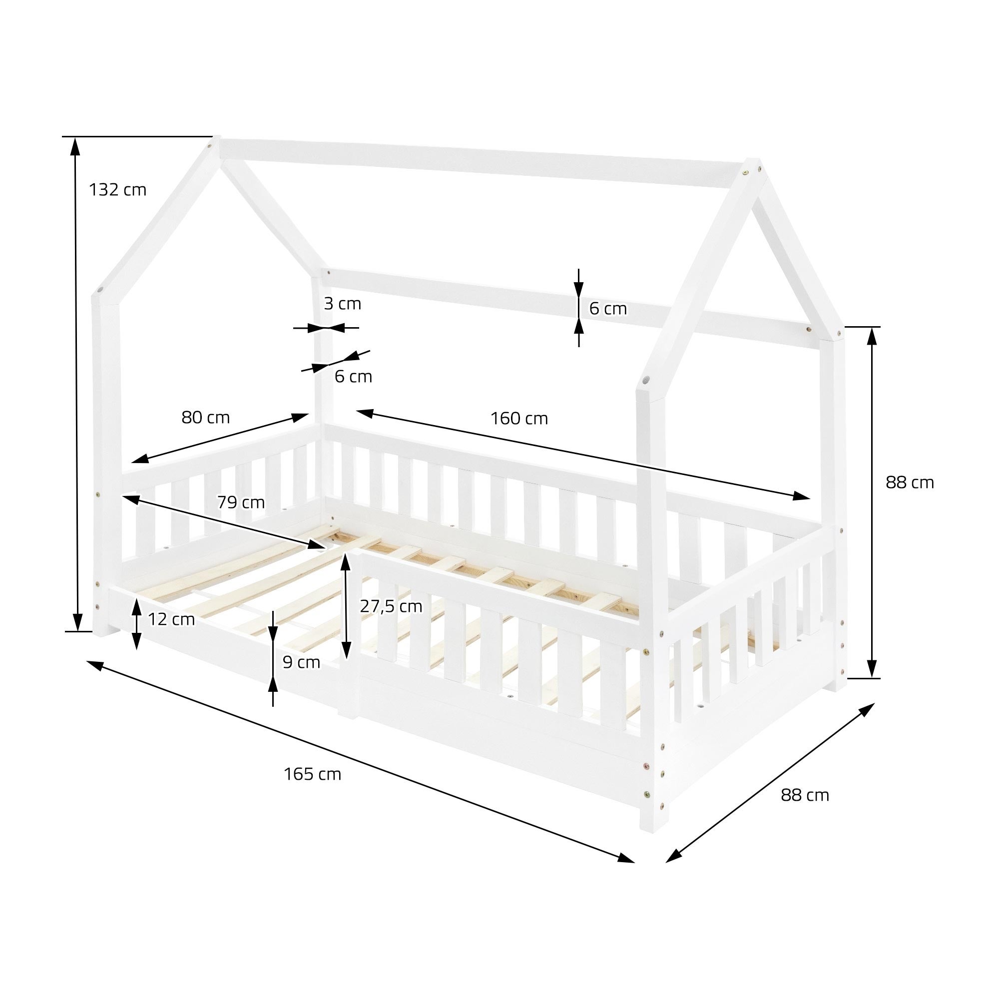 ML-Design łóżko dziecięce domek 80x160 cm biały z barierką dachem i stelażem listwowym z litego drewna sosnowego dla dziewczynek i chłopców - 4