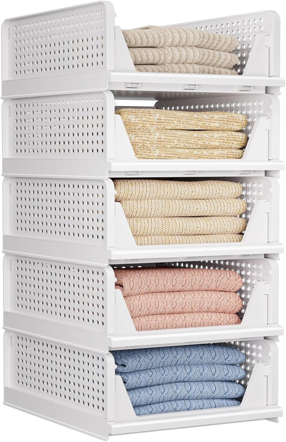 Cesta de almacenamiento blanca de 33,5 x 43 x 18,5 cm, 5 piezas, divisor de cajón de plástico, contenedor de oficina para armario, cocina