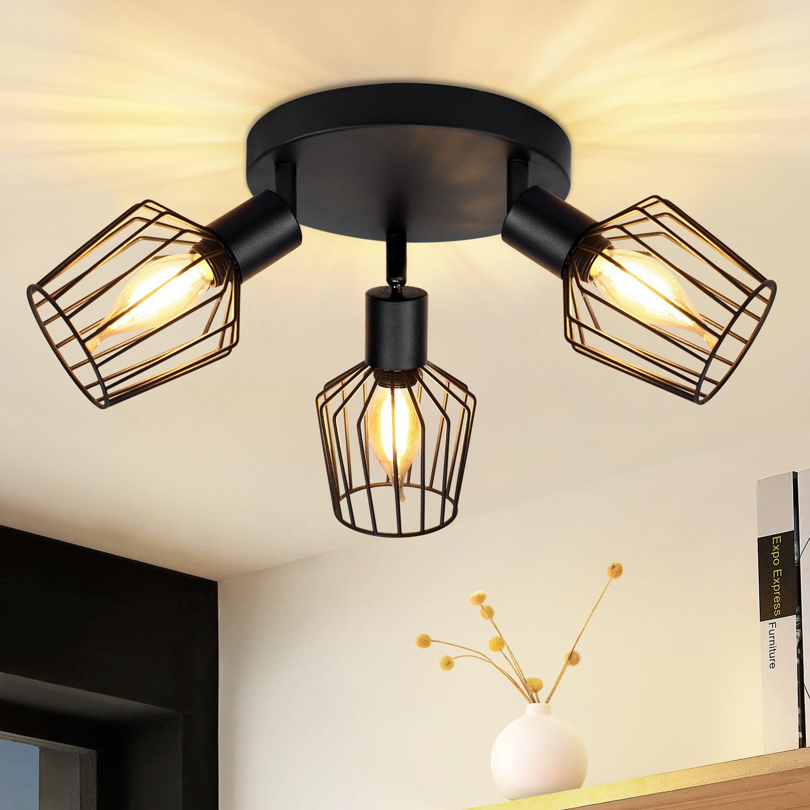 NETTLIFE Reflektorowa sufitowy, 3-punktowy E14 - okrągły metalowy, obrotowy 350°, industrialny, do korytarza i salonu, czarny
