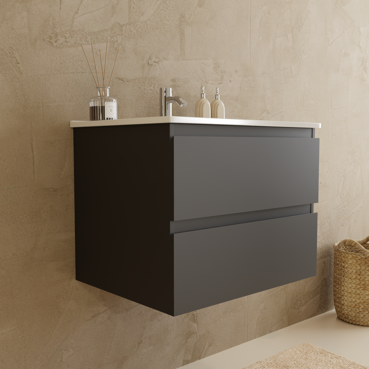 LOMAZOO Meuble De Salle De Bain Marenza Noir Mat 60cm - Lavabo Blanc - 8