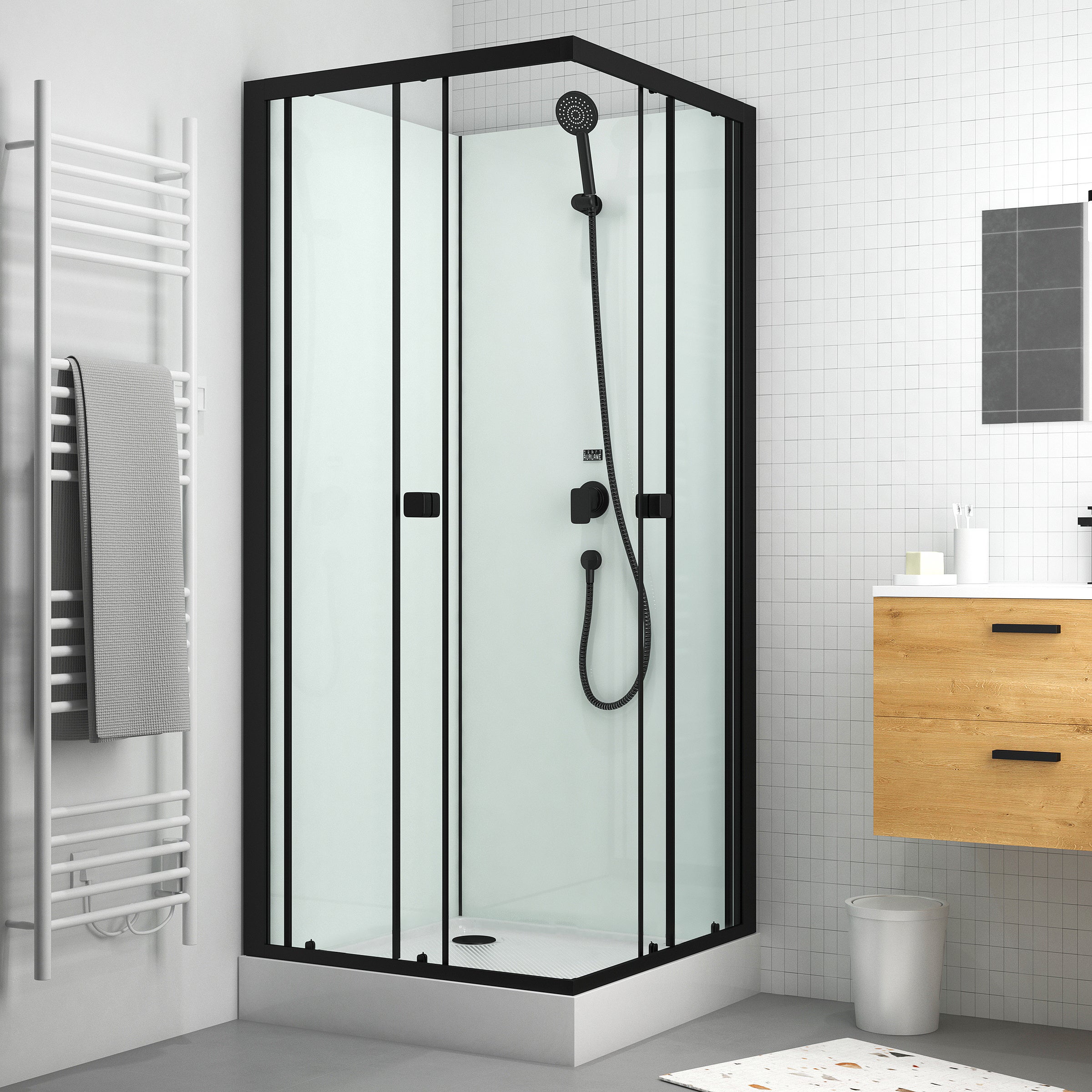 Cabine de douche carrée 80x80x200 cm - Portes coulissantes - Fonds Blancs & Profilés Noir Mat - 2