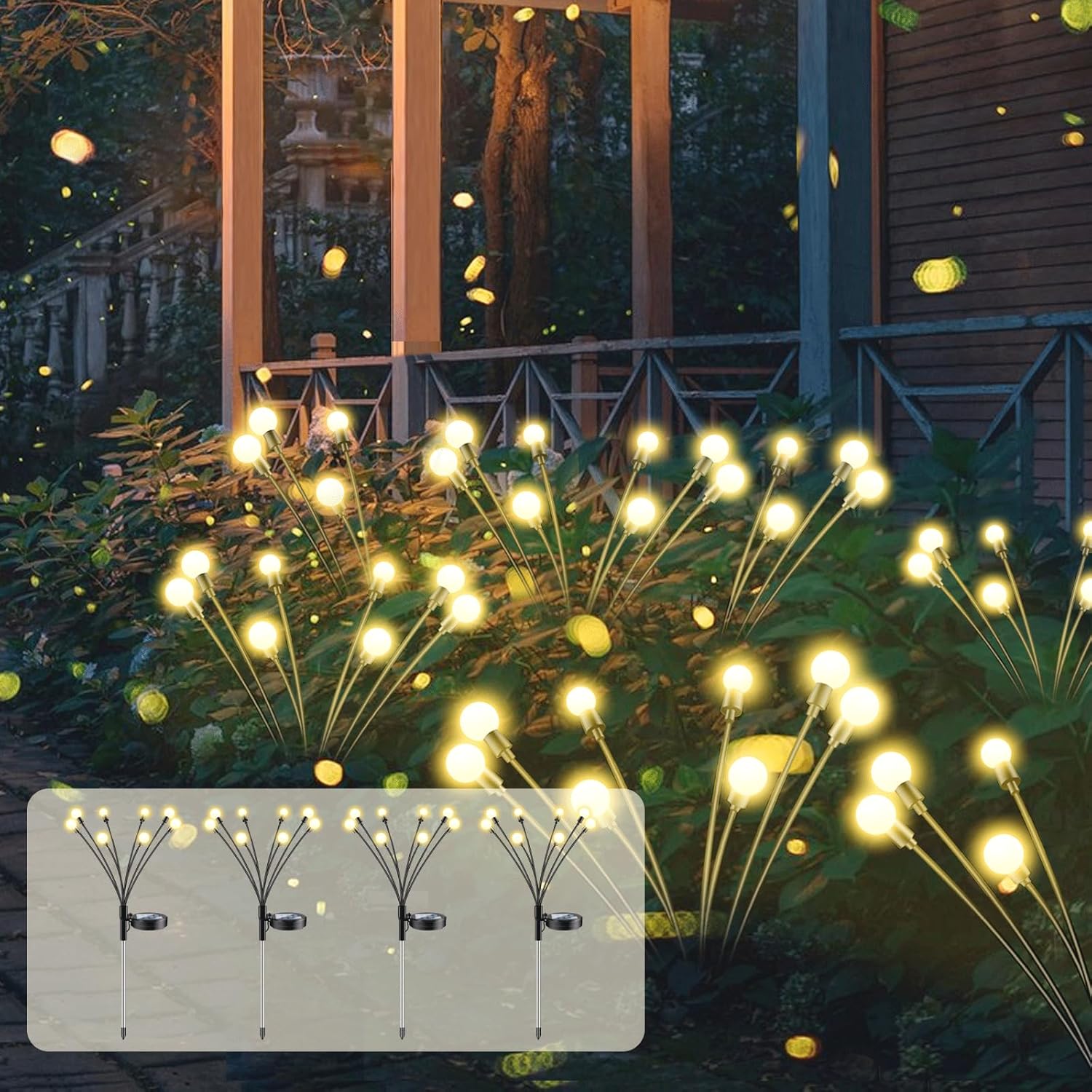 8 LED Zewnętrzna Lampa Solarna Świetlik IP65 Wodoodporna Ciepła Biel, Zewnętrzne Lampy Solarne Firefly do Ogrodu Balkon Aleja Patio, 4 sztuki
