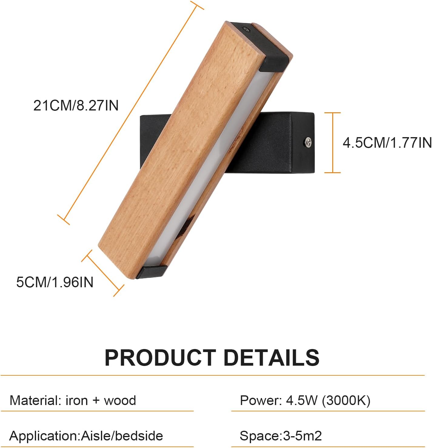 GOECO Applique Murale LED Bois Rotative Moderne Rectangle Lampe murale Blanc Froid 6000K 4.5W Pour chambre à coucher, salon, couloir, entrée - 5