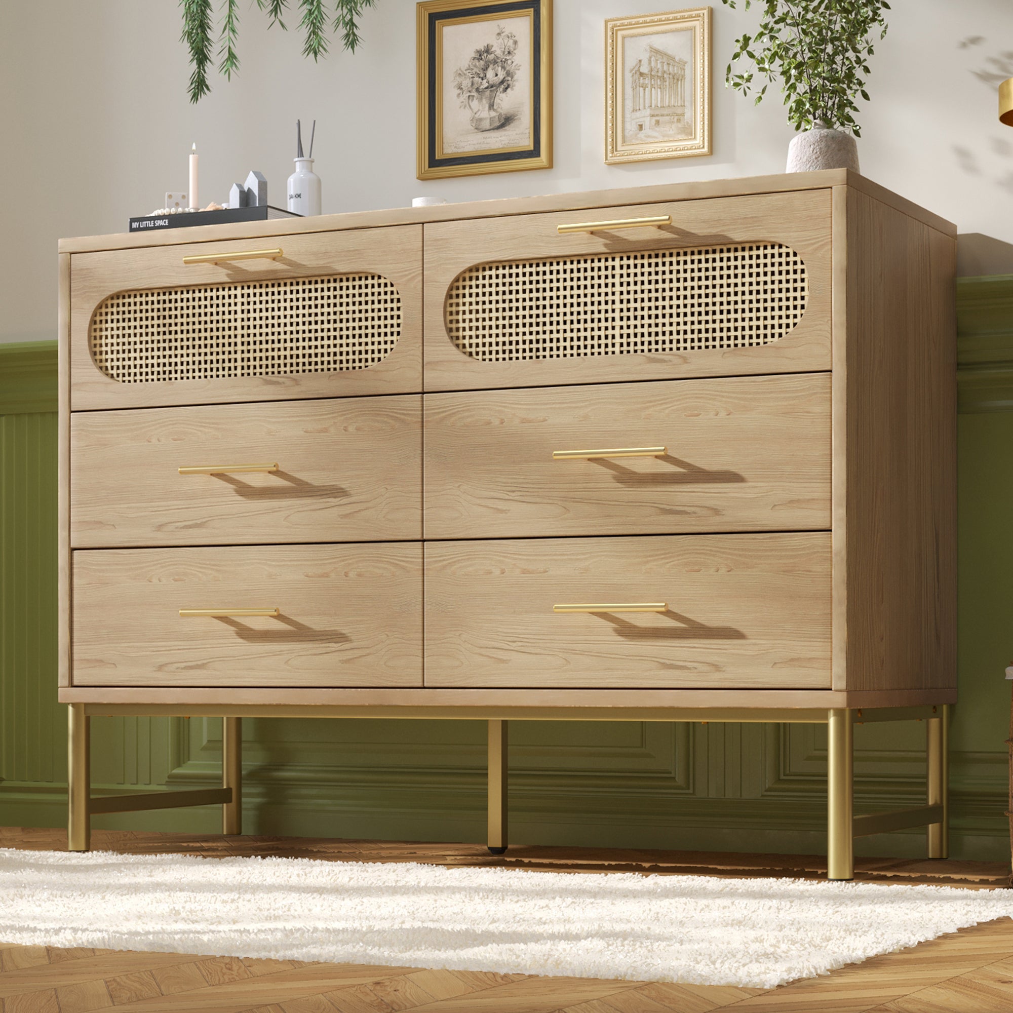 Cassettiera in rattan con 6 cassetti, per soggiorno e camera da letto, maniglie in metallo, antiribaltamento, 120 x 40 x 74 cm, rovere Sonoma - 8