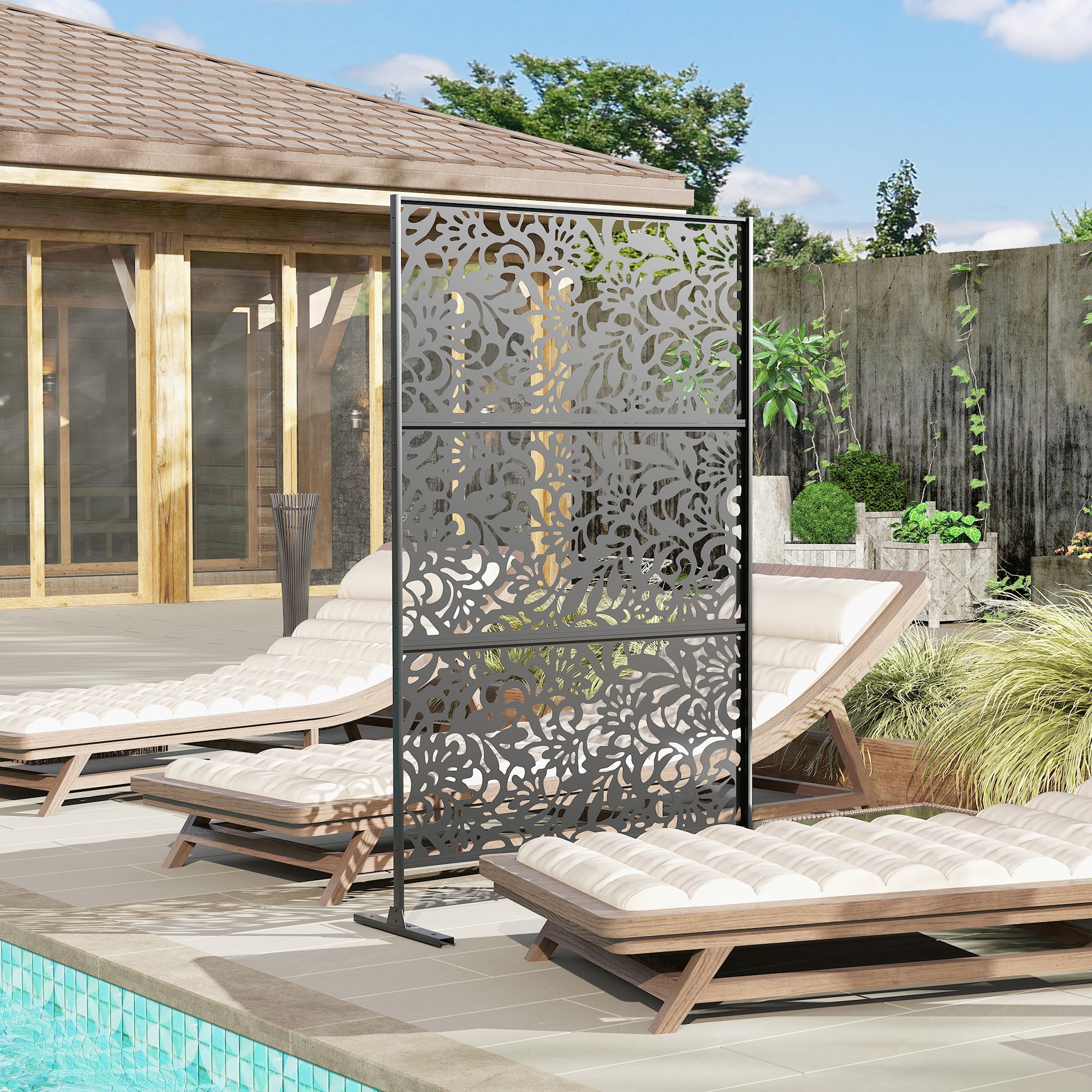 Panneau Brise Vue décoratif Extérieur Claustra Décoratif Jardin 3 Panneaux à motif floral Acier 122 x 45 x 198 cm Noir - COMFORTXL - 5