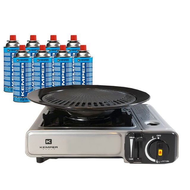 Barbecue Grill 2 in 1 Fornello a gas piezoelettrico 2200 W KEMPER + Piastra grill + 8 cartucce di gas 227 gr Butano Camping