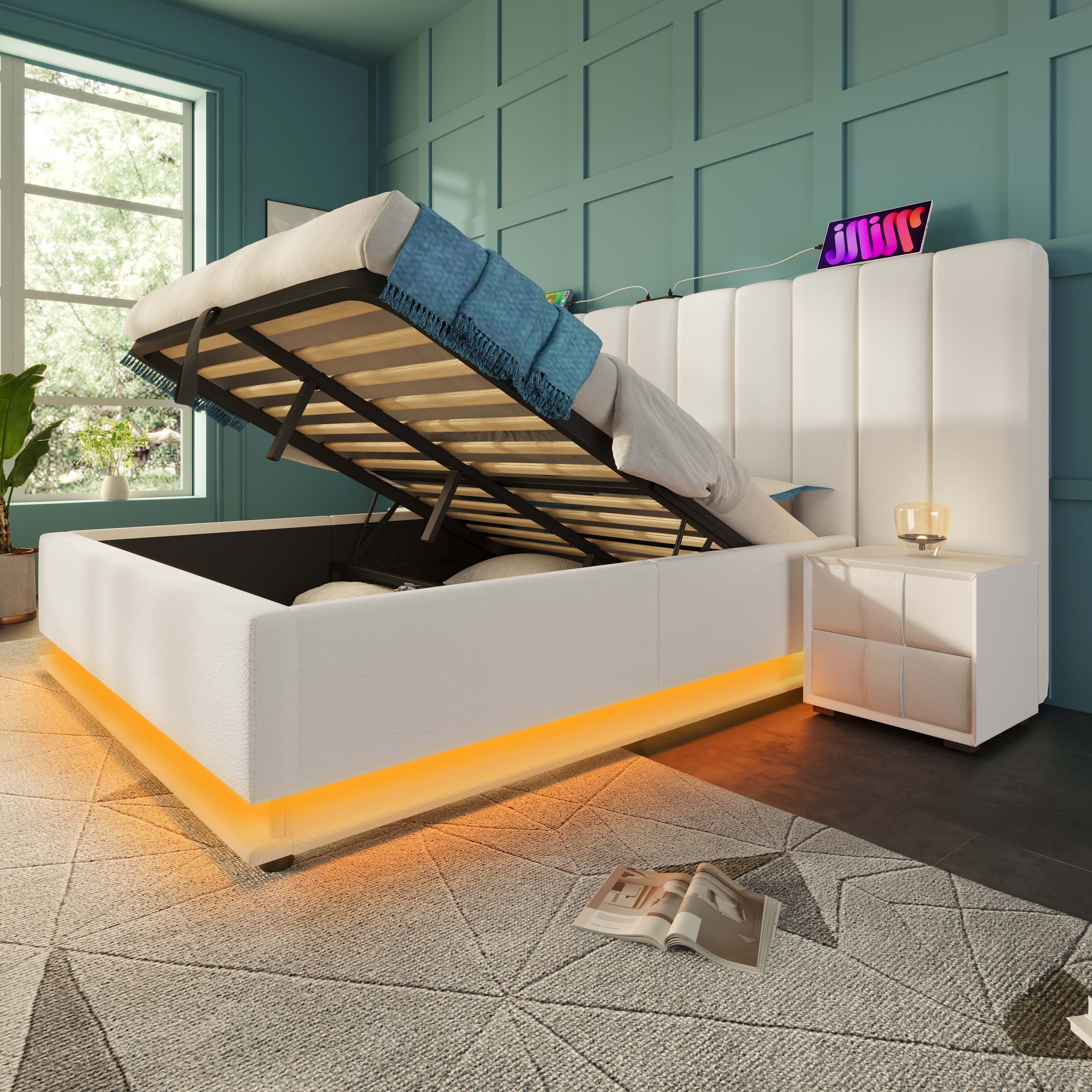 Lit Coffre LED 160x200 Cm Blanc Avec Rangement Hydraulique Et Tissu PU - Lit Double Espace Stockage Sans Matelas