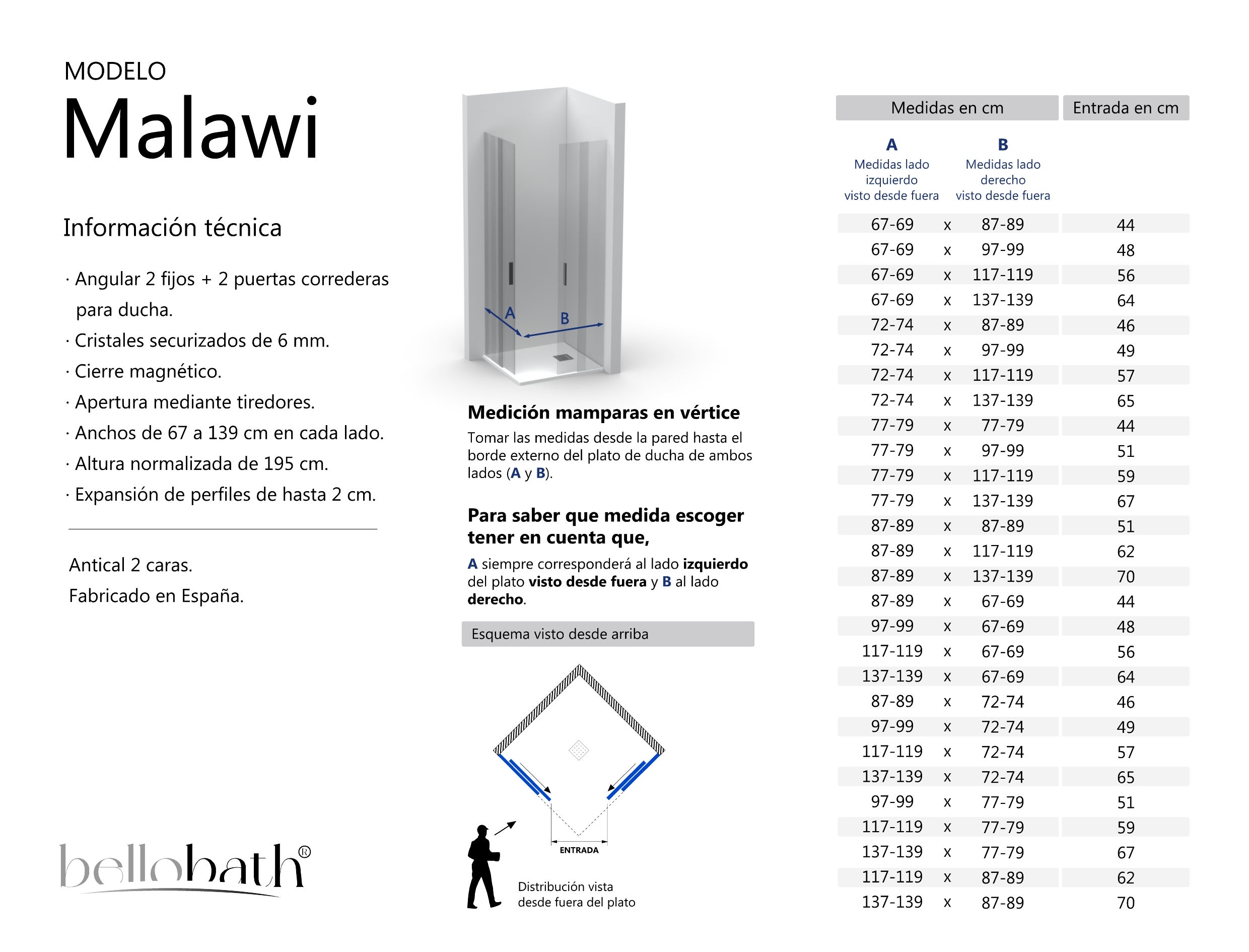BELLOBATH - Paroi de duche angular com 2 portas deslizantes + 2 fixas - Vidro temperado - Preto - Largura adaptável 67-69 x 137-139 cm - Alto 195 cm - 5