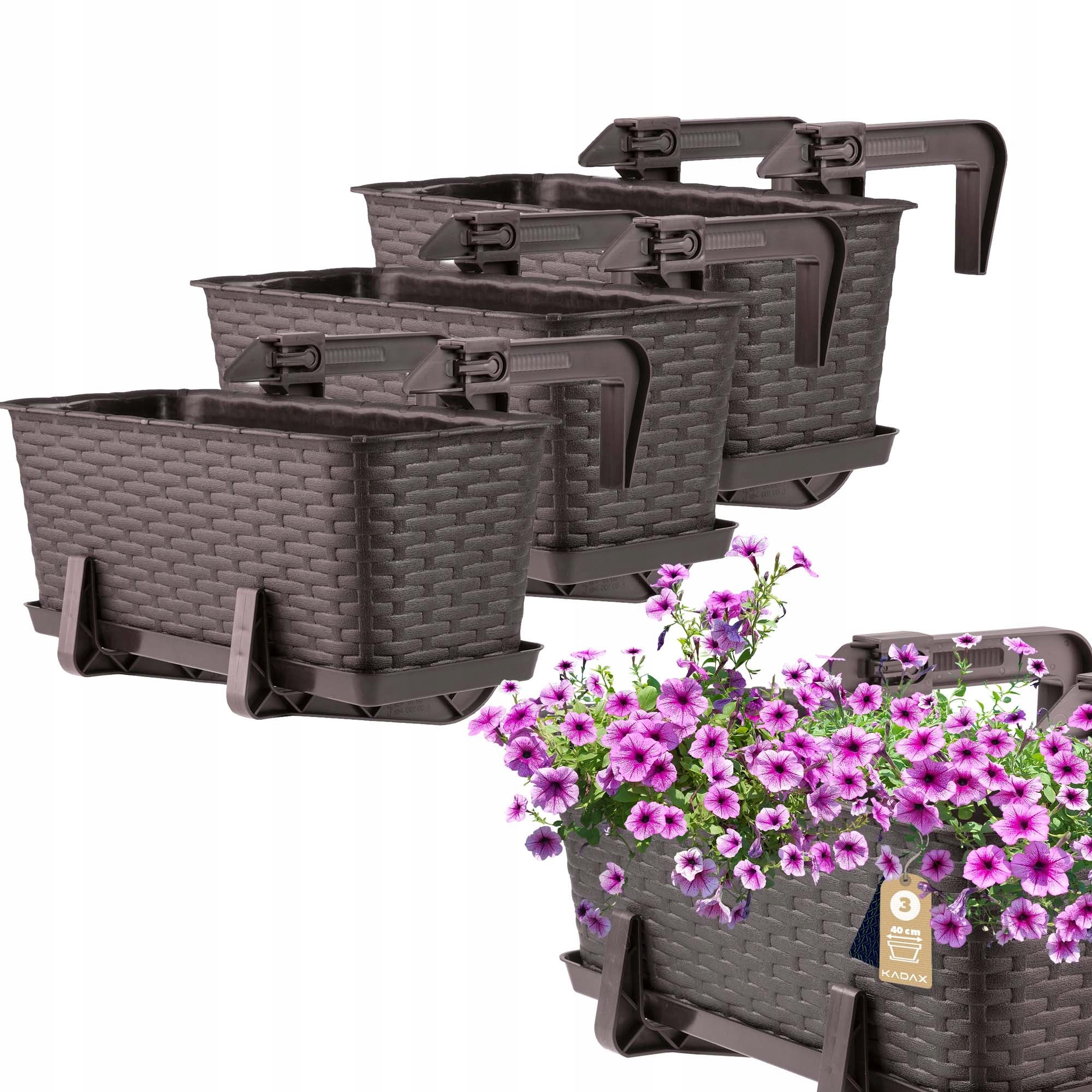 SKRZYNKA BALKONOWA 40 cm DONICZKA DONICA NA KWIATY PODSTAWKA UCHWYTY 3 szt