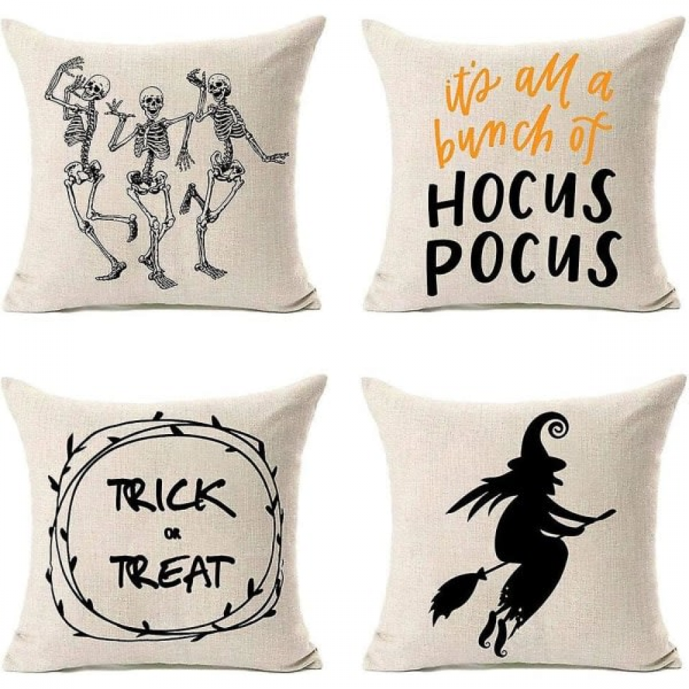 Fundas de almohada de halloween 45x45, decoraciones de halloween juego de 4 piezas fundas de almohada de calavera de bruja de lino de algodón
