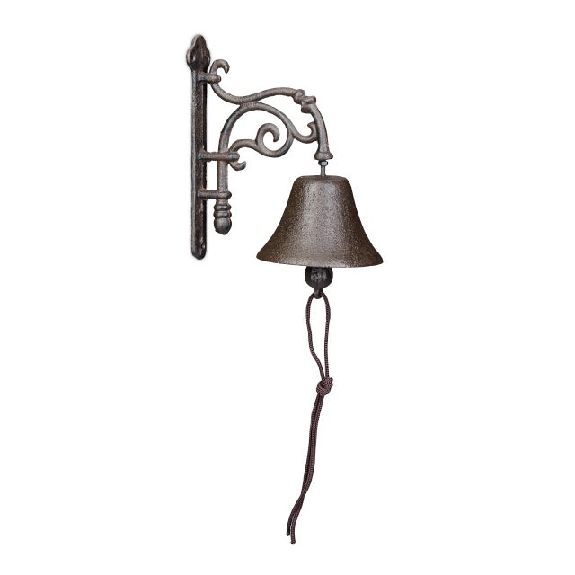 Relaxdays Cloche en fonte, design antique, sonnette vintage pour jardin, avec corde, extérieur, accessoire mural, marron