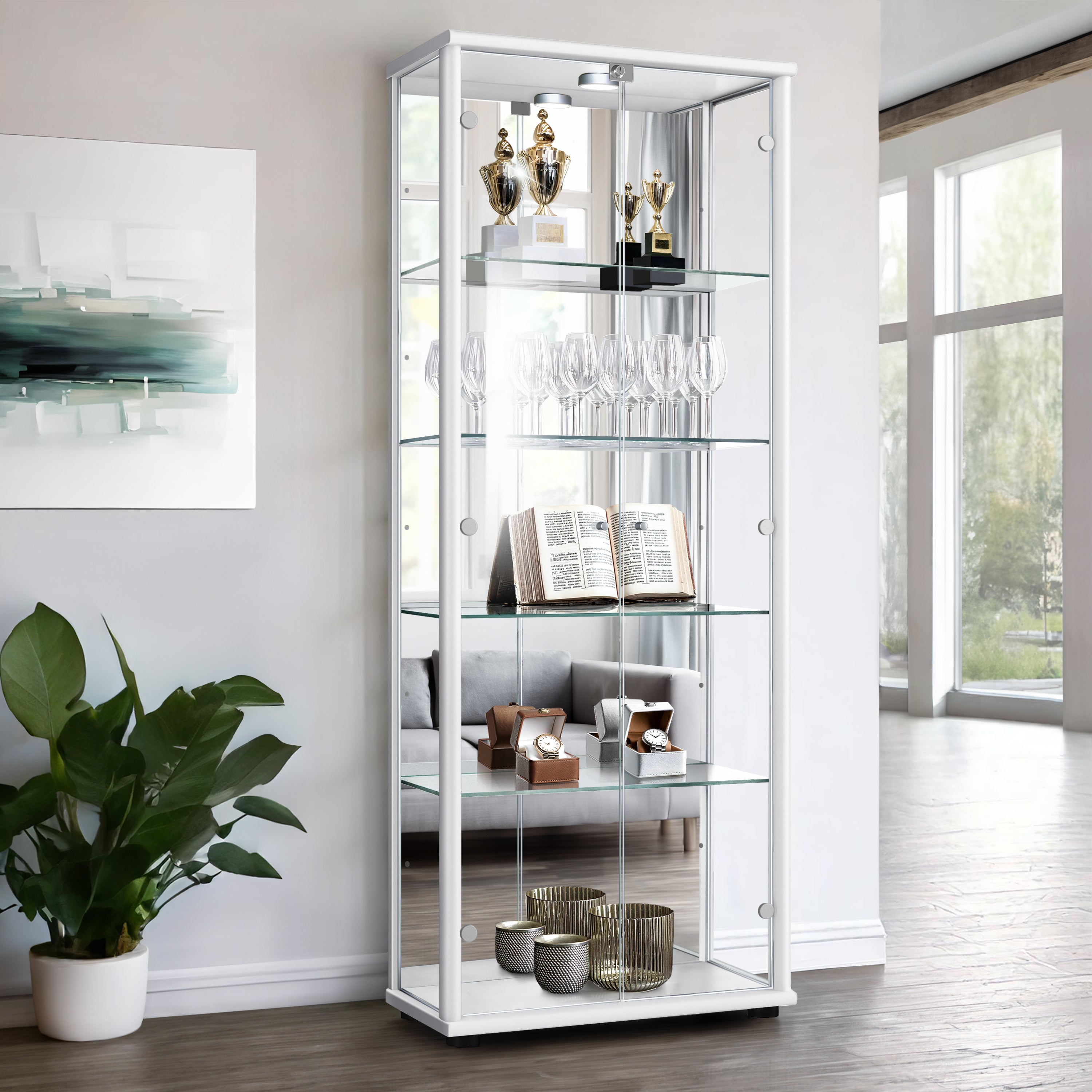 K-Möbel Meuble vitrine Verre 2-Portes (176x67x33cm) - Fabriqué en Allemagne - Vitrine Salle a Manger Noir avec 4 étagères en Verre réglables & LED - Armoires vitrées de présentation Figurine