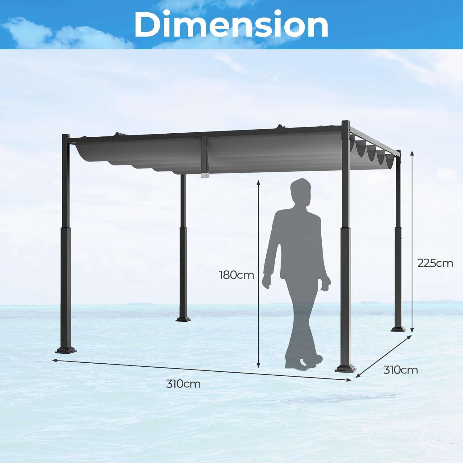 Pérgola de patio de 3,1 x 3,1 m con toldo retráctil deslizante. Pérgola exterior metálica resistente con parasol y piquetas. Gris - 6