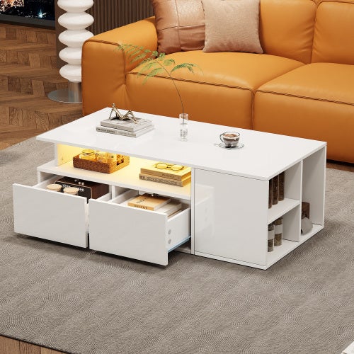 Table Basse Rectangulaire Avec Éclairage Led Et 4 Tiroirs, Plateau Relevable, Table Basse Moderne, Jusqu'à 30 Kg, Noir à Prix