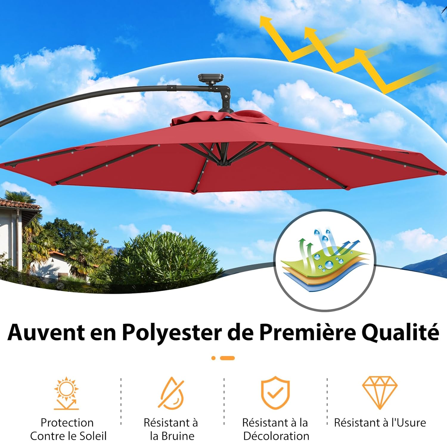 Parasol Déporté 3M avec 32 LED Solaires, Parasol de Jardin 8 Baleines avec Tissu Protection Solaire, Parasol Inclinable Rotatif à 360° (Rouge) - 3