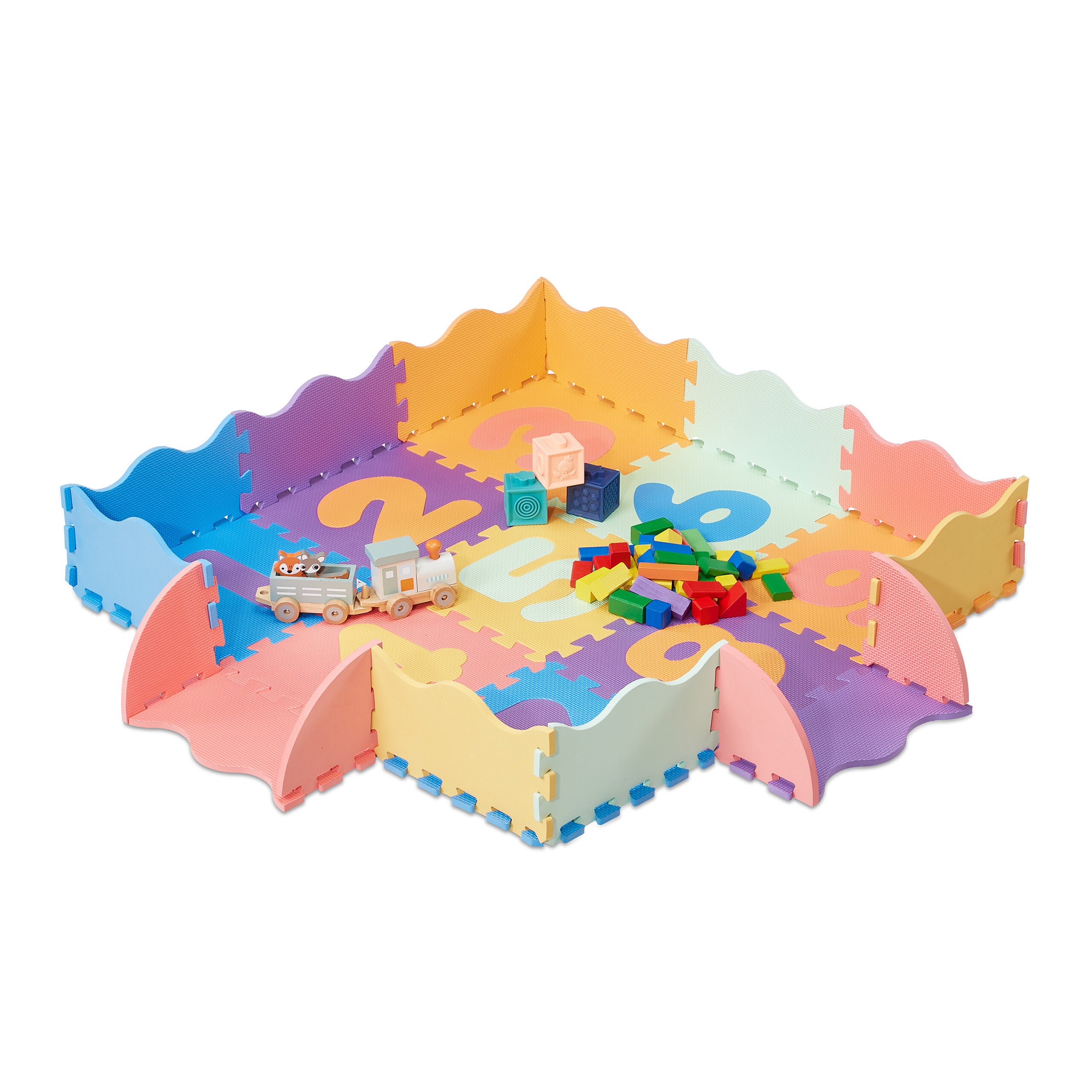 Relaxdays alfombra puzle niños, colchoneta diseño números, borde alto, suelo goma 34 piezas, libre tóxicos, multicolor