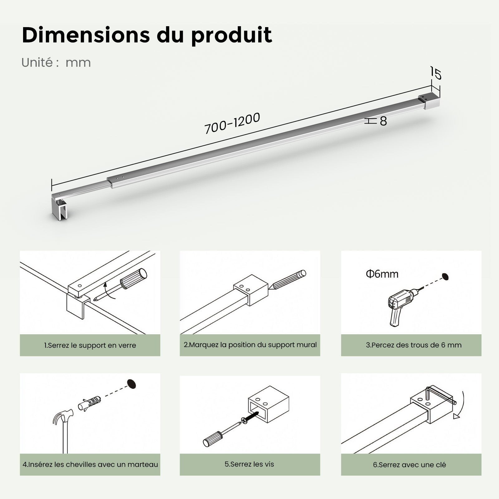 Barre de stabilisation réglable 700-1200mm pour paroi de douche à l’italienne, compatible verre 8-10mm, fixation murale en acier inox - 6