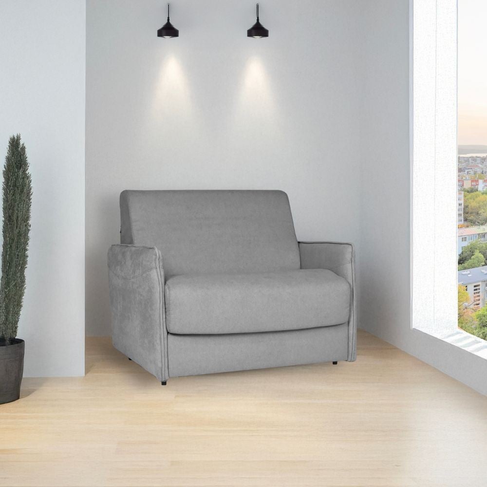 Poltrona letto colore grigio con rete elettrosaldata e materasso