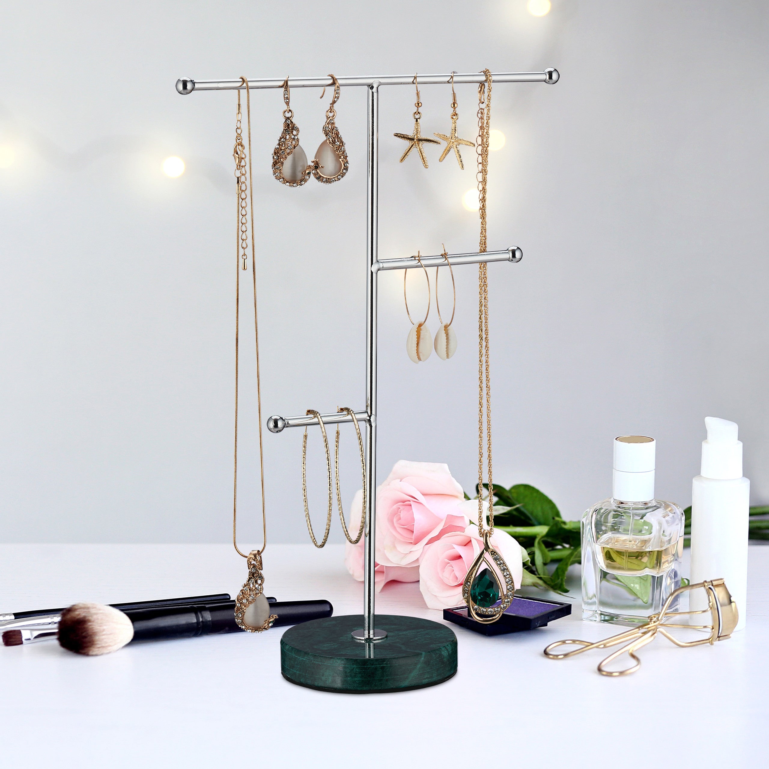 Porte-bijoux, pied en marbre, rangement pour colliers, boucles d’oreilles & bracelets, barres, vert/argent, Relaxdays - 2