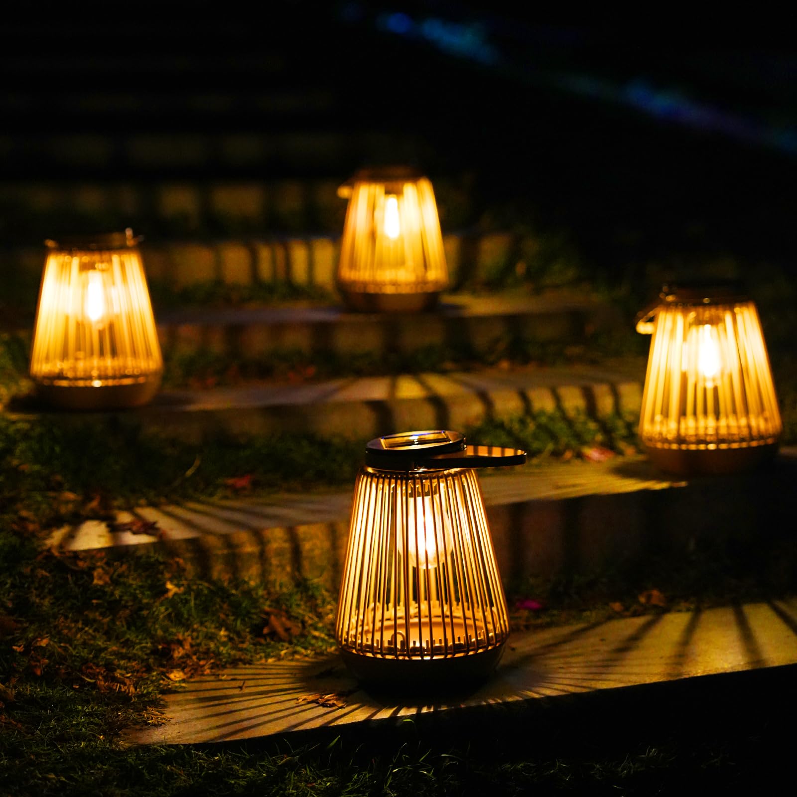 Zestaw 4 latarni solarnych, lampy solarne zewnętrzne, ręcznie tkane lampy wiszące, lampy kempingowe ogrodowe zewnętrzne, ciepłe światło