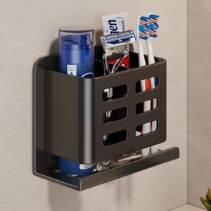 Portaspazzolino Da Bagno In Acciaio Inox Nero - Organizer Da Parete O Appoggio Con Porta Dentifricio E Rasoio, 7,5x10x10,5 Cm - 2