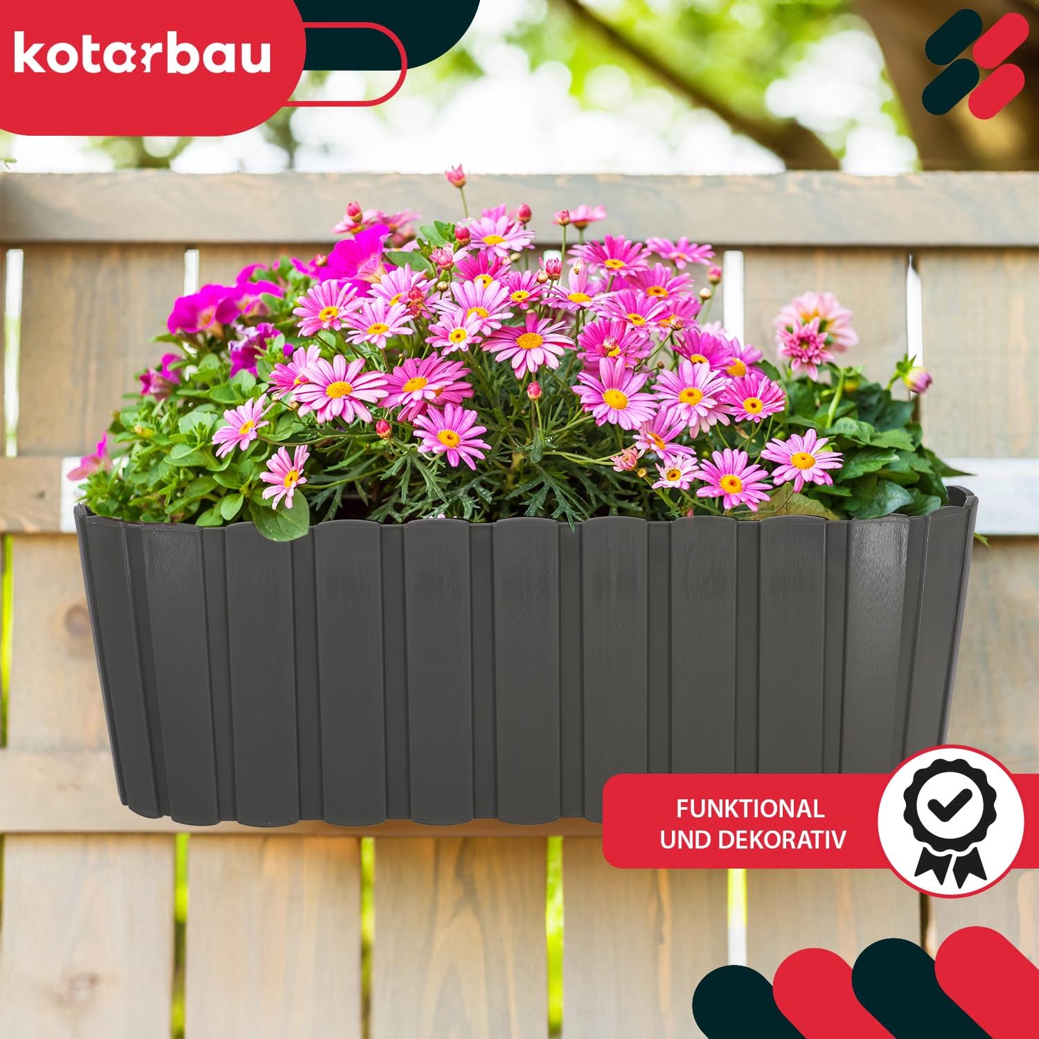 Jardinière Extérieur - Pot de Fleur - PVC - 40 x 15 x 15 cm - Gris - Jardinière Balcon - Rectangulaire - Légère - avec Support pou KOTARBAU - 2