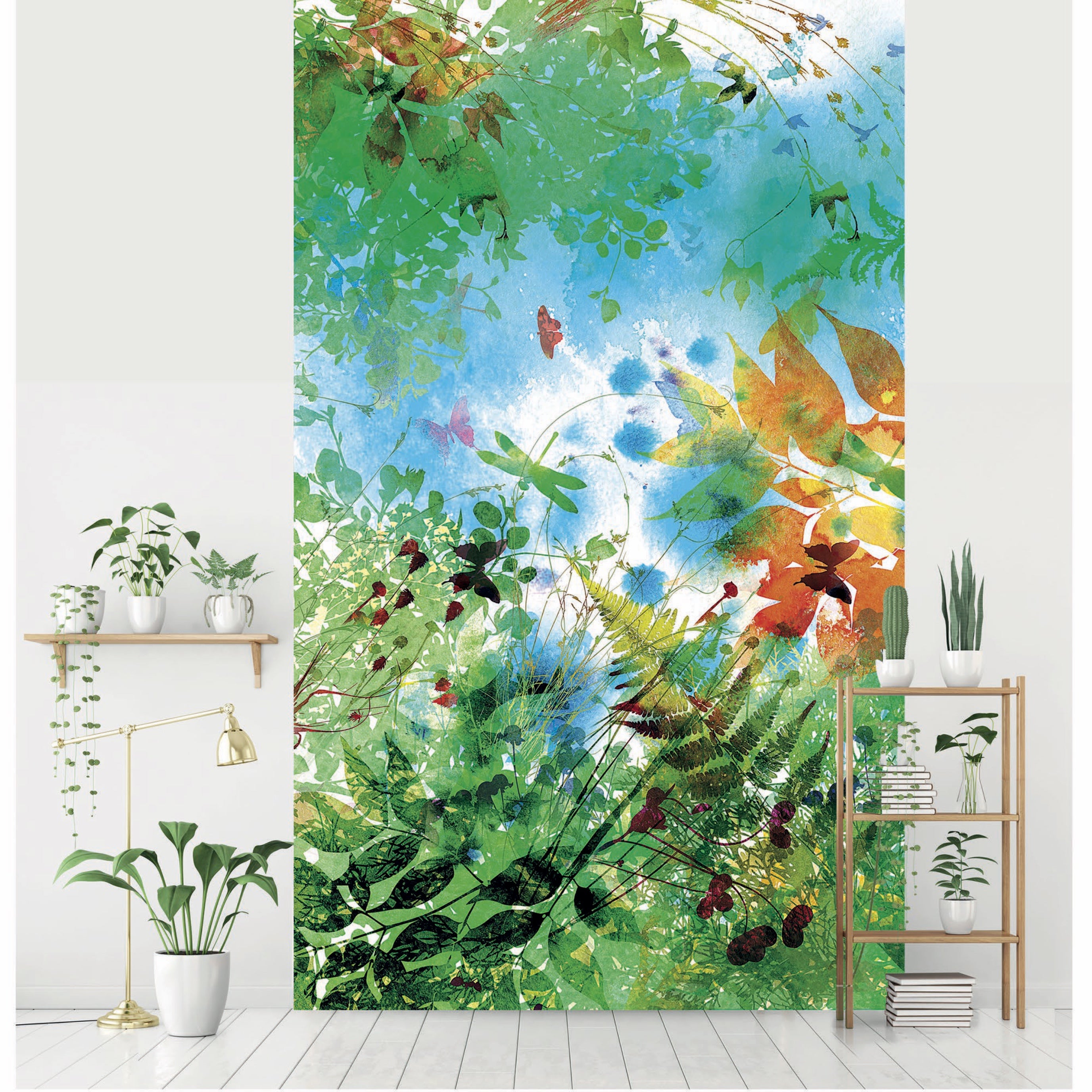 Papel tapiz panorámico, acuarela, mezcla de hojas e insectos voladores en el prado, 250 cm x 150 cm