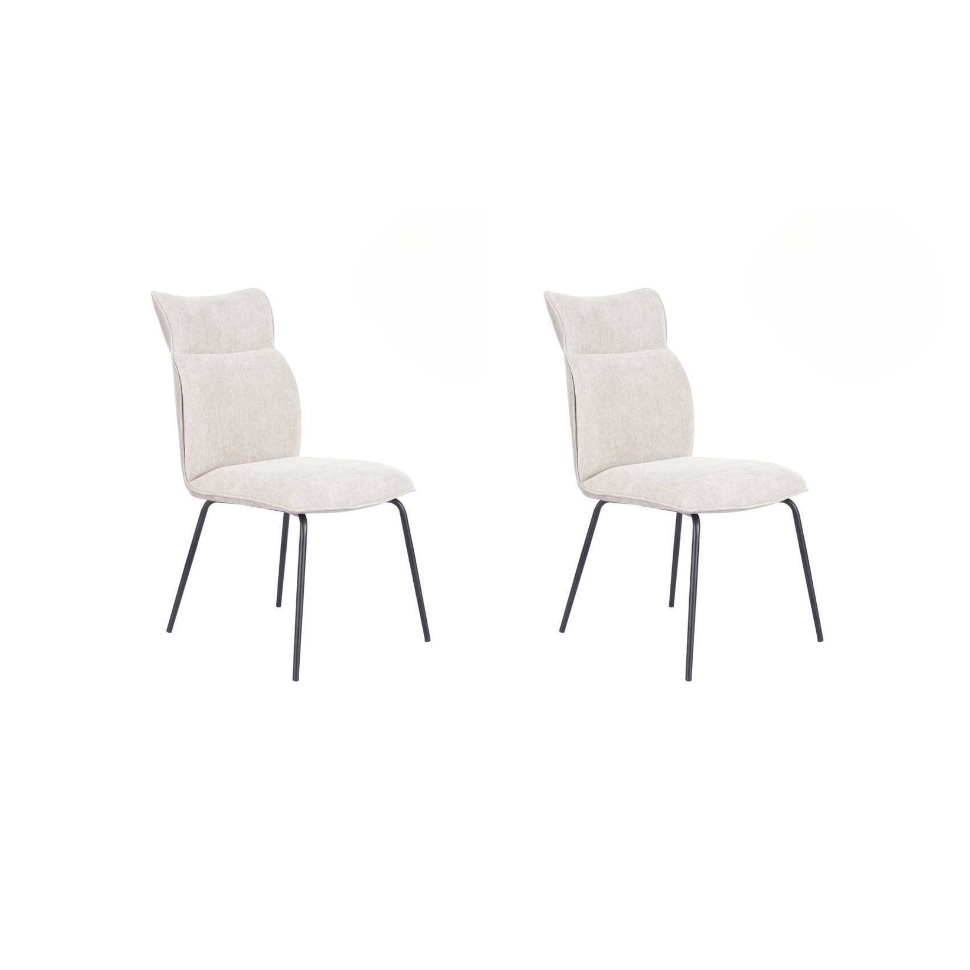 Pakiet 2 krzeseł tapicerowanych beżową tkaniną z czarnymi nogami, ergonomicznym i wyściełanym siedzeniem oraz oparciem, wymiary 65x46x95 cm