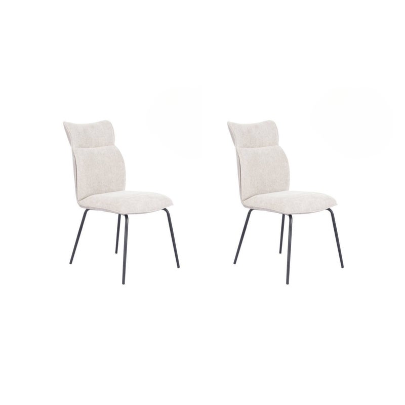 Pakiet 2 krzeseł tapicerowanych beżową tkaniną z czarnymi nogami, ergonomicznym i wyściełanym siedzeniem oraz oparciem, wymiary 65x46x95 cm